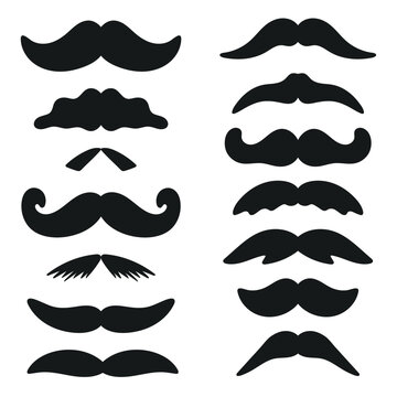 Black silhouette mustache set. Hipster, vintage, retro, mustache style for man, ink collection. Male mustache of different variations, isolated vector illustration