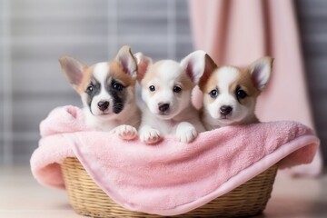 Puppies in a Basket with a Towel in a Cozy Setting. Generative AI