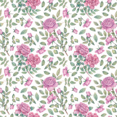 Seamless watercolor pattern with blooming roses, buds and leaves. Botanical background for wrapping paper, fabrics, design, etc.