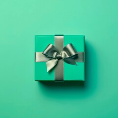 Top view on green gift box on green background. Generative AI.