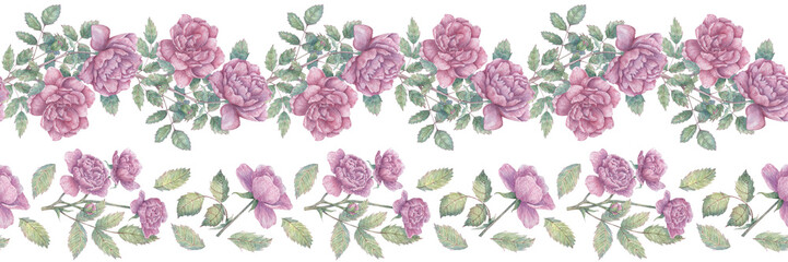 Seamless watercolor ribbon with blooming roses and leaves. Botanical border for packaging, washi tape, scrapbooking, design, etc.