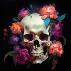 Skull and roses. Digital art. Generative AI.