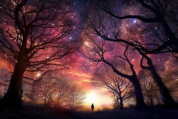 Person Enjoying Starry Night in Forest at Dusk - AI Generative