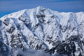 Fototapeta na wymiar 西穂高岳から眺めた白銀の北アルプスの笠ヶ岳