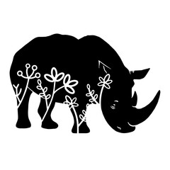 Rhinoceros. Vector animal with floral element. Illustration. Animal silhouette. Black isolated silhouette