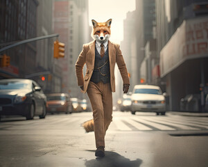 Fox in a Pinstripe Suit Walking in the City