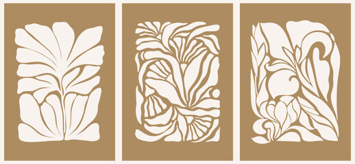 Abstract groovy floral posters. Modern trendy Matisse minimal style. Hand drawn design for wallpaper, wall decor, print, postcard, cover, template, banner.