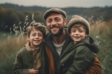 Beautiful portrait of father and sons. Generative AI