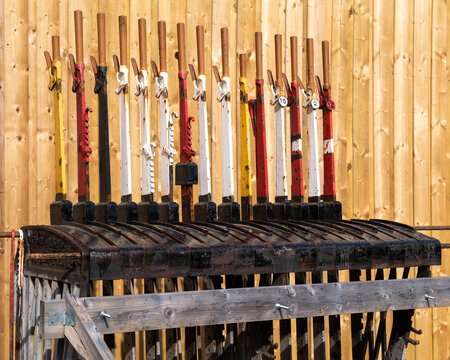 28 May 2023. Dufftown,Moray,Scotland. This is Mechanical railway signalling installation and lever frame at Dufftown Railway Station.