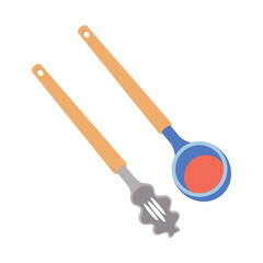 Dishes. A set of kitchen a large wooden spoon with holes, a ladle.