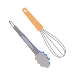 Dishes. A set of whisk for mixing, kitchen tongs for food.