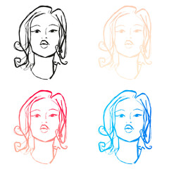 Young woman head sketch, line art, vector, comic style