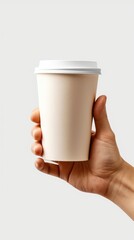 hand holding a white blank coffee paper cup, isolated on clean white background, in advertising stock mockup style - generative AI