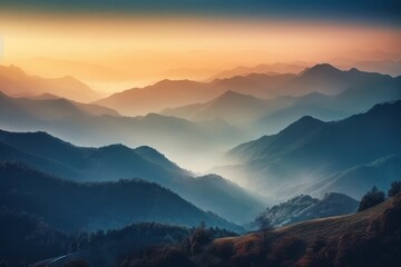 Misty mountain range at sunset. Generative AI