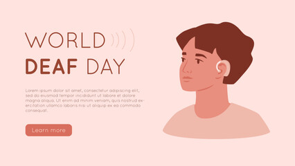 Young man with hearing aid. World deaf day banner concept. Male portrait, person has hearing problems and using medical device in ear. Vector illustration.