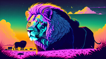 Illustrazione di un leone nella foresta. Generato con AI.