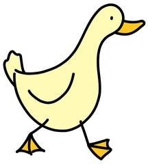 Duck walking to the right side. Minimal cartoon line drawing style doodle 