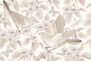 Birds, butterflies, dragonfly on Blossoming tree. Light delicate Vector seamless pattern. Vintage. - 610951390