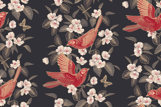 Spring Vector seamless pattern. Vintage. Birds on Blossoming tree. © marinavorona