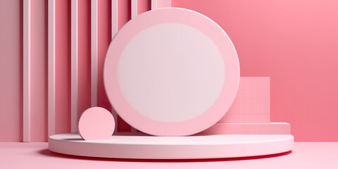 Round podium on layered pink and red background. Product pedestal for product showcase. Generative AI.