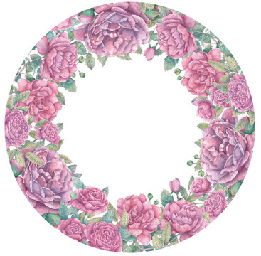 Round watercolor frame with blooming pink rose branches, buds and leaves. Botanical wreath for cards, flyers, invitations, design and more.