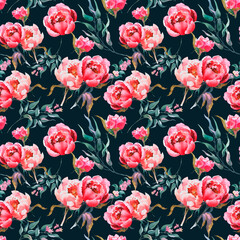 Watercolor floral seamless pattern with green leaves, pink peonies flowers, leaf branches on black. Wedding invitations, backgrounds, wallpapers, fashion, prints, fabric