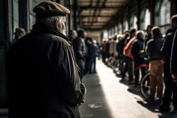 Fototapeta premium Senior disabled person back view standing with limp in front of queue crowd. Concept of accessible environment. raising awareness of architectural barriers and accessibility issue. Generative AI