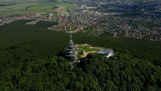 Beautiful aerial footage of Zobor Mountain and the radio tower, Nitra, Slovakia