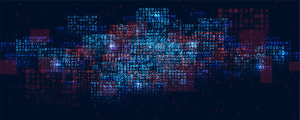 Cyber background constructed with different symbols. Digital futuristic backdrop. Abstract visualization of programming. Vector illustration.