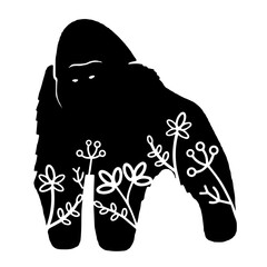 Gorilla. Vector animal with floral element. Illustration. Animal silhouette. Black isolated silhouette