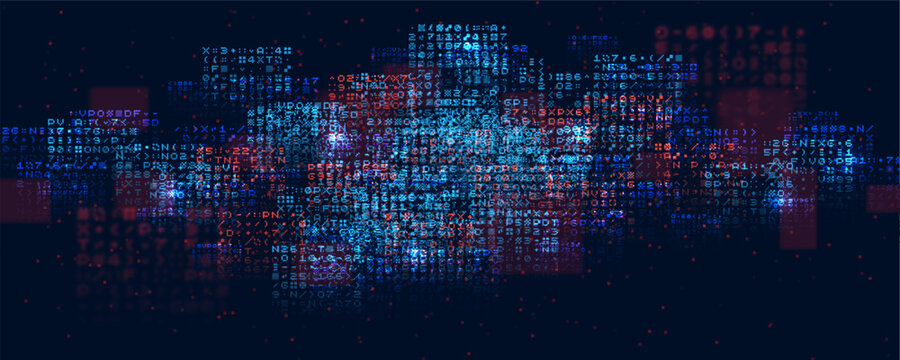 Cyber background constructed with different symbols. Digital futuristic backdrop. Abstract visualization of programming. Vector illustration.