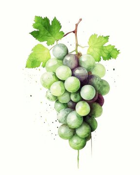 Watercolor of a bunch of green grapes with leaves on a white background Generative AI Illustration