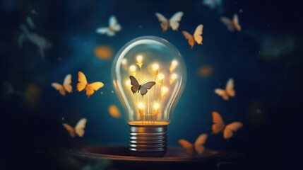 Night butterflies fly light bulbs created with generative AI technology