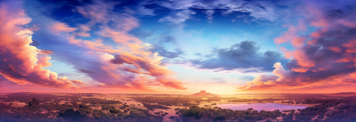 Fototapeta premium Sunset on a blue sky with clouds, light violet and yellow horizons, ray soft the sun above the water. Generative Ai.