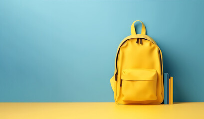 Back to school. Yellow backpack with books and school stuff on blue background 3D Rendering. Banner, a place for text, copy space. Generative AI - obrazy, fototapety, plakaty