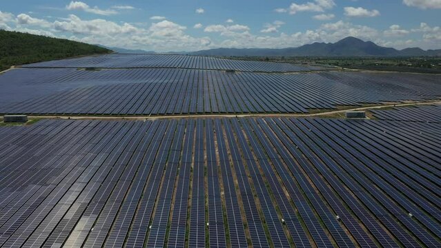 Ecology solar power station panels in the fields green energy at sunny day landscape electrical innovation nature environment, Krongpa, Gia Lai, Vietnam