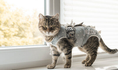 Sterilized cat in an anti-licking weaning suit. Young kitten wears Surgical Recovery Suit. Cat after surgery. Animal stess. Pet Supplies.