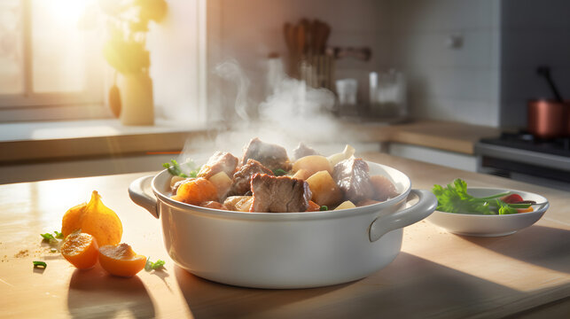 A very bright white kitchen setting with A hot steaming bowl of classic beef stew on a table, steam eminating from the top.