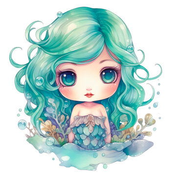 Mermaid watercolor clipart, isolated, transparent background, created with Generative AI technology