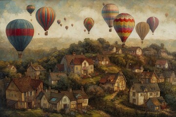 Fototapeta premium Large balloons fly over a rural town. Hand-drawn watercolor Generative AI illustration. Postcard design, posters.