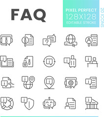 FAQ pixel perfect linear icons set. List of answers and questions. Information base. Customizable thin line symbols. Isolated vector outline illustrations. Editable stroke. Poppins font used