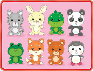 Toy baby animal characters with a cute little cat, bunny, dragon, panda, frog, fox, bear and penguin, set of vector cartoon illustrations