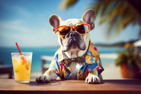 French bulldog in sunglasses sunbathing at seaside resort and wear a Hawaiian shirt lounging on deck chair with a fruity cocktail. Vacation rest in hot country beach concept. Generative AI Technology.