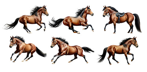 Set of horses isolated on transparent background. Generative Ai