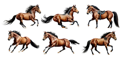 Obraz premium Set of horses isolated on transparent background. Generative Ai
