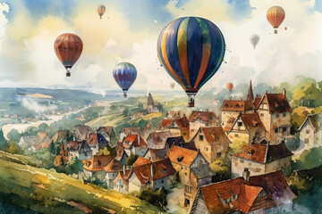 Naklejka premium Big airballoons flying over a rural town. Watercolor Generative AI illustration.