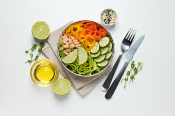 Concept of lunch, paper bowl with food