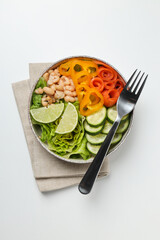 Concept of lunch, paper bowl with food