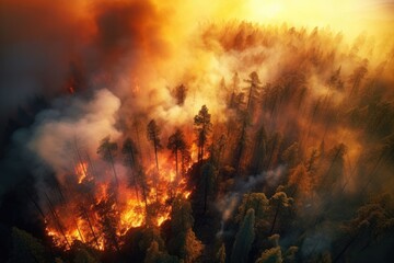 Fototapeta na wymiar Flames devouring forest in a raging, destructive wildfire
