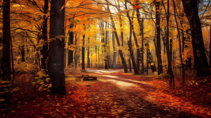 the breathtaking beauty of autumn foliage, with vibrant hues of red, orange, and yellow adorning the trees, fallen leaves carpeting the ground, and a sense of warmth and coziness in the air